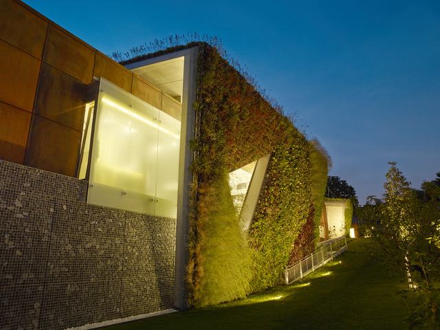 Façade végétalisée et baie en acier corten de nuit